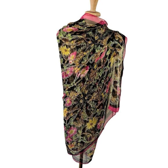 Large Silk Blend Rectangular Scarf Sheer Pink Yellow Floral on Black 42 X 76 - Picture 5 of 10